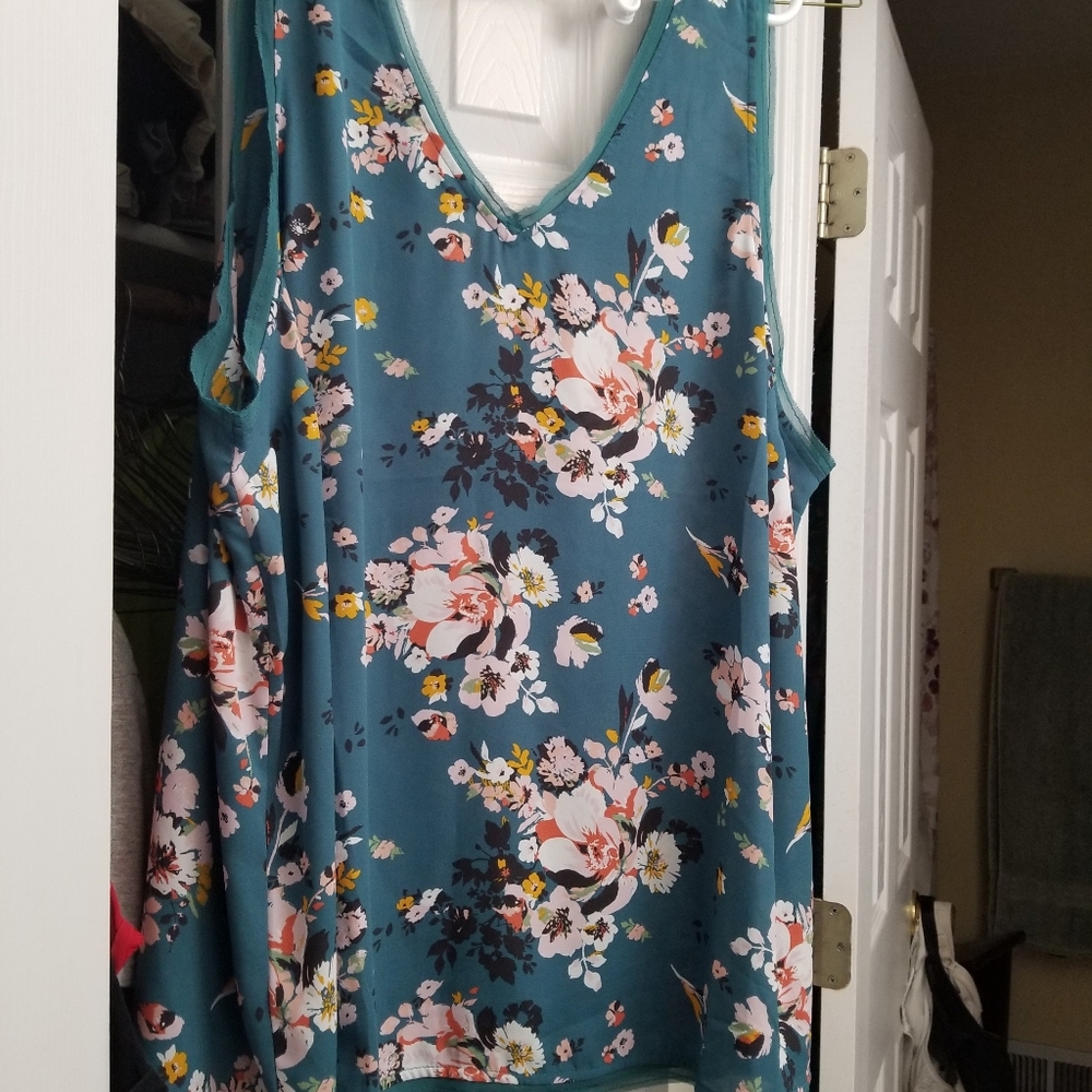 Teal Floral Georgette Raw Chiffon Trim Tank